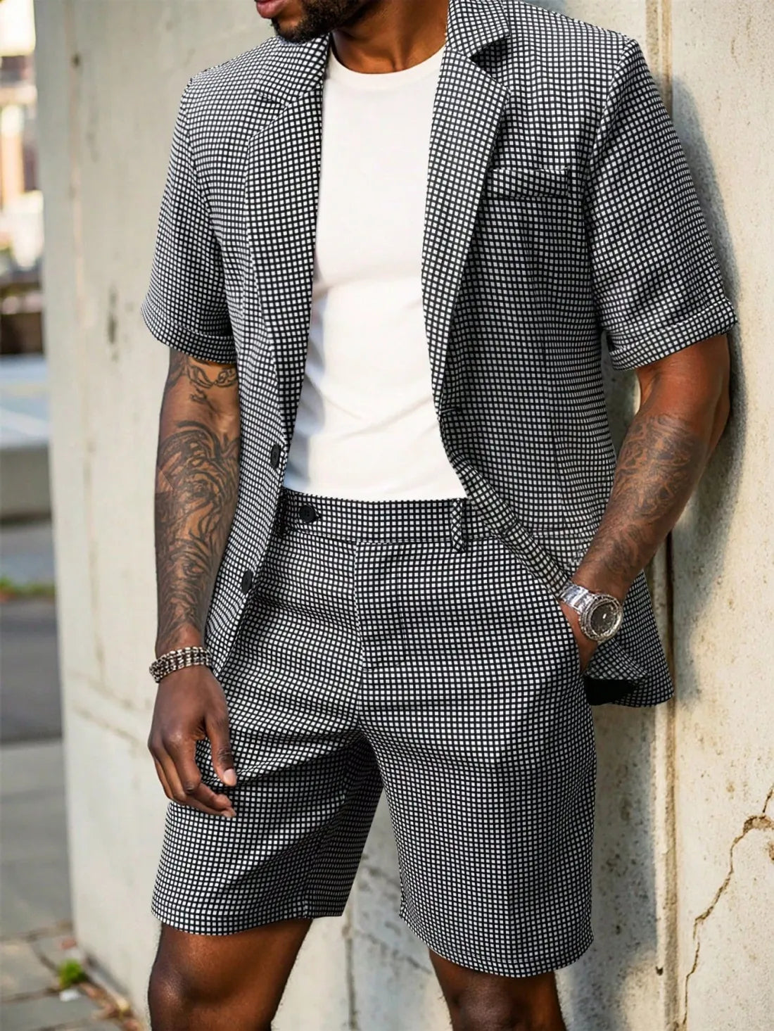 Men's Plaid Short Sleeve Suit Set