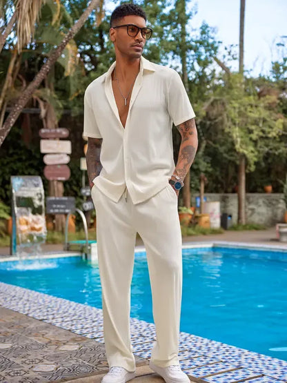 Men’s Textured Button-Up Shirt & Pants Set