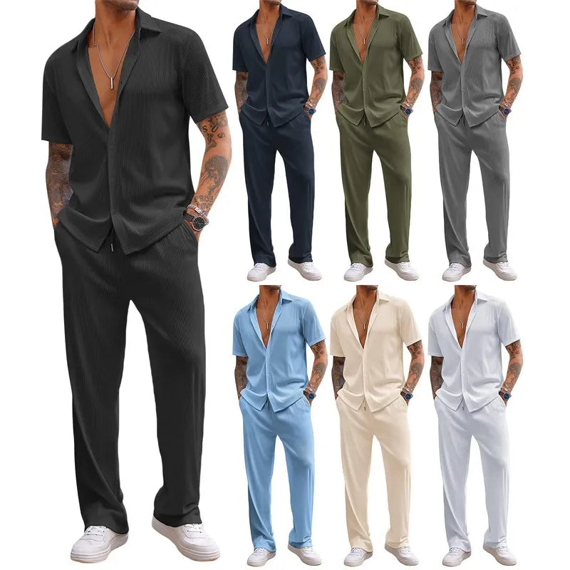 Men’s Textured Button-Up Shirt & Pants Set