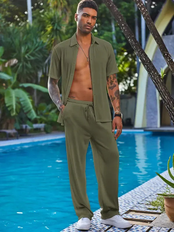 Men’s Textured Button-Up Shirt & Pants Set