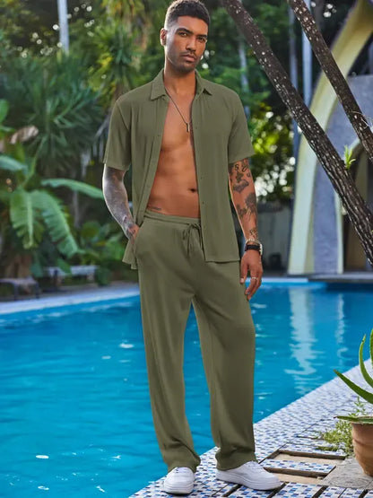 Men’s Textured Button-Up Shirt & Pants Set