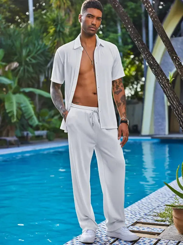 Men’s Textured Button-Up Shirt & Pants Set