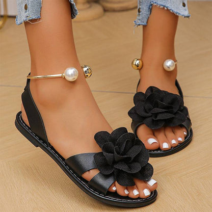 Women's Floral Flat Sandals with Decorative Ankle Accent