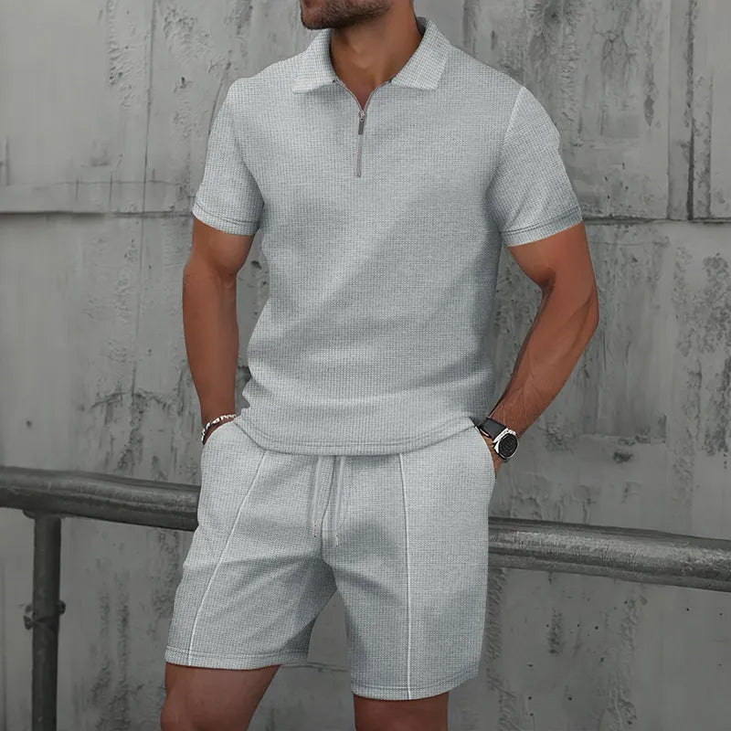 Men's Waffle Knit Polo Shirt & Shorts Set