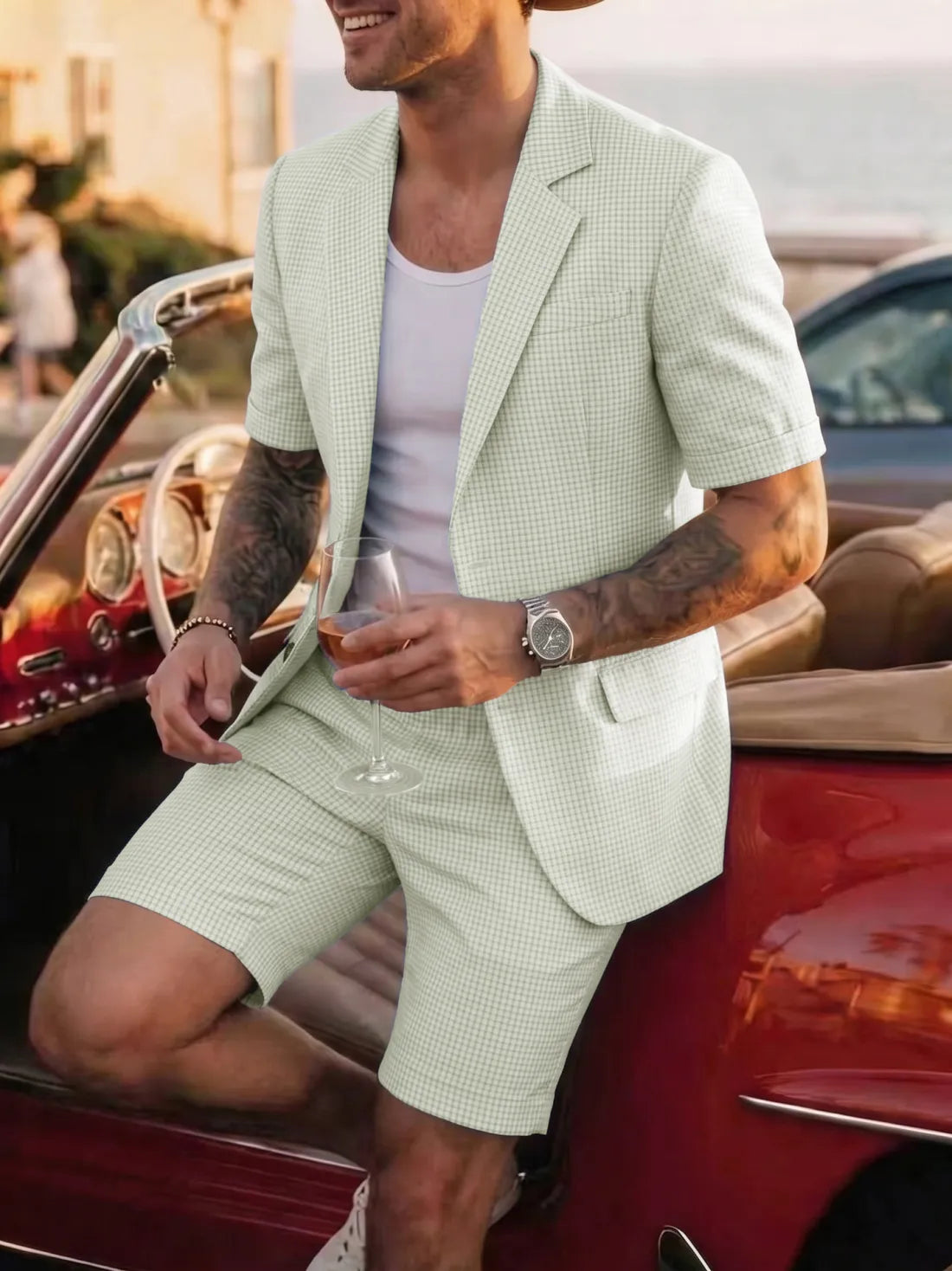 Men's Plaid Short Sleeve Suit Set