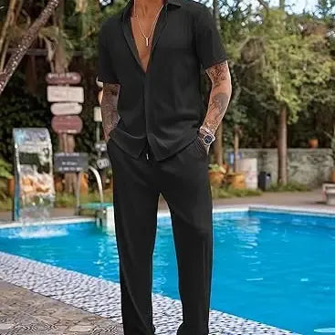 Men’s Textured Button-Up Shirt & Pants Set