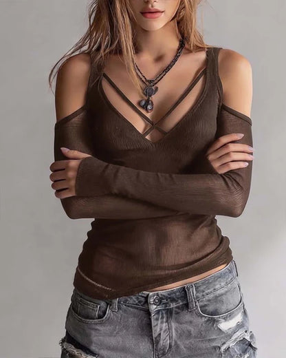 Women's Crisscross Cold Shoulder Ribbed Top