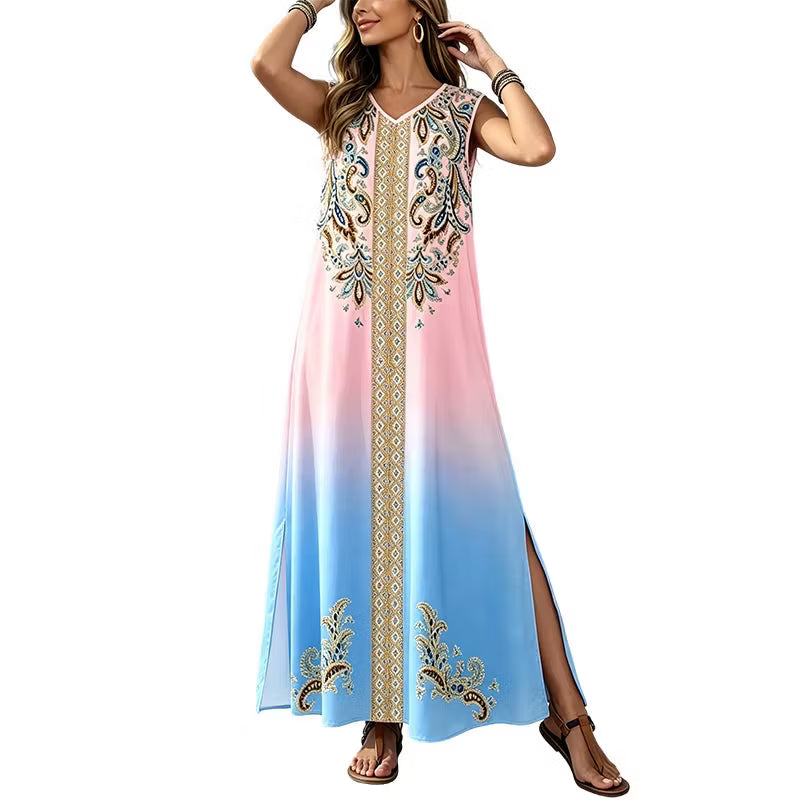 Women's Printed V-Neck Maxi Dress