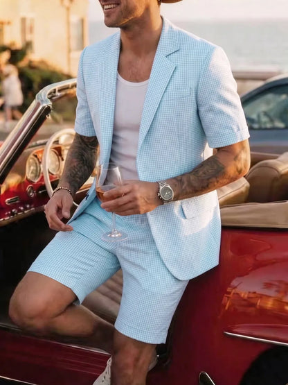 Men's Plaid Short Sleeve Suit Set