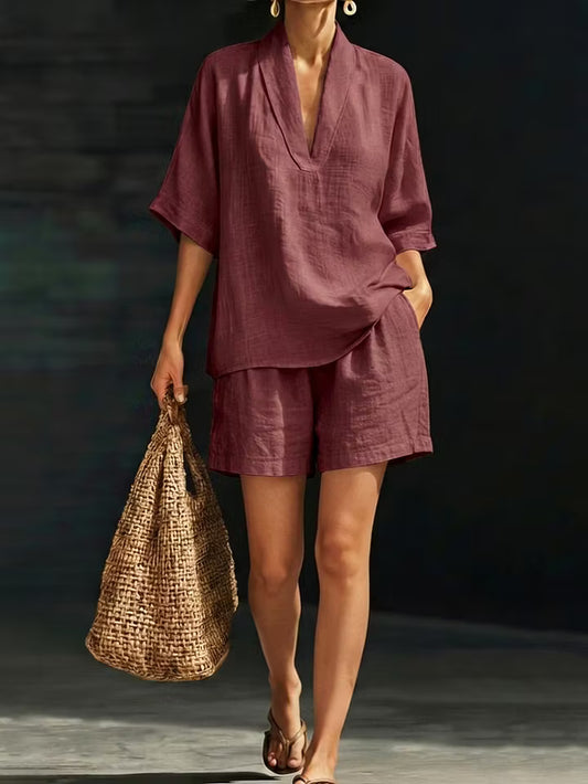 Women's V-Neck Textured Top & Shorts Set