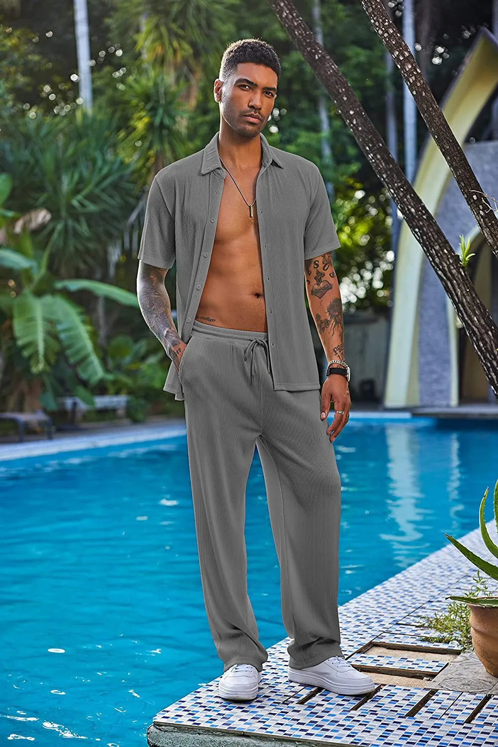 Men’s Textured Button-Up Shirt & Pants Set