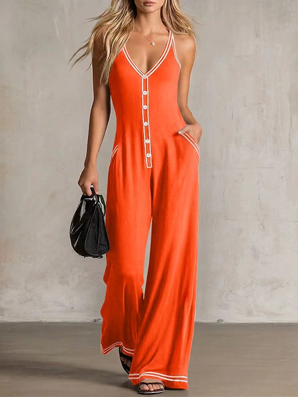 Women's Contrast-Trim Button-Front Jumpsuit