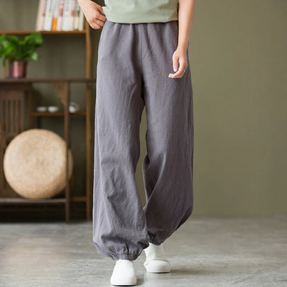 Casual Elastic Waist Cotton-Linen Pants with Pockets