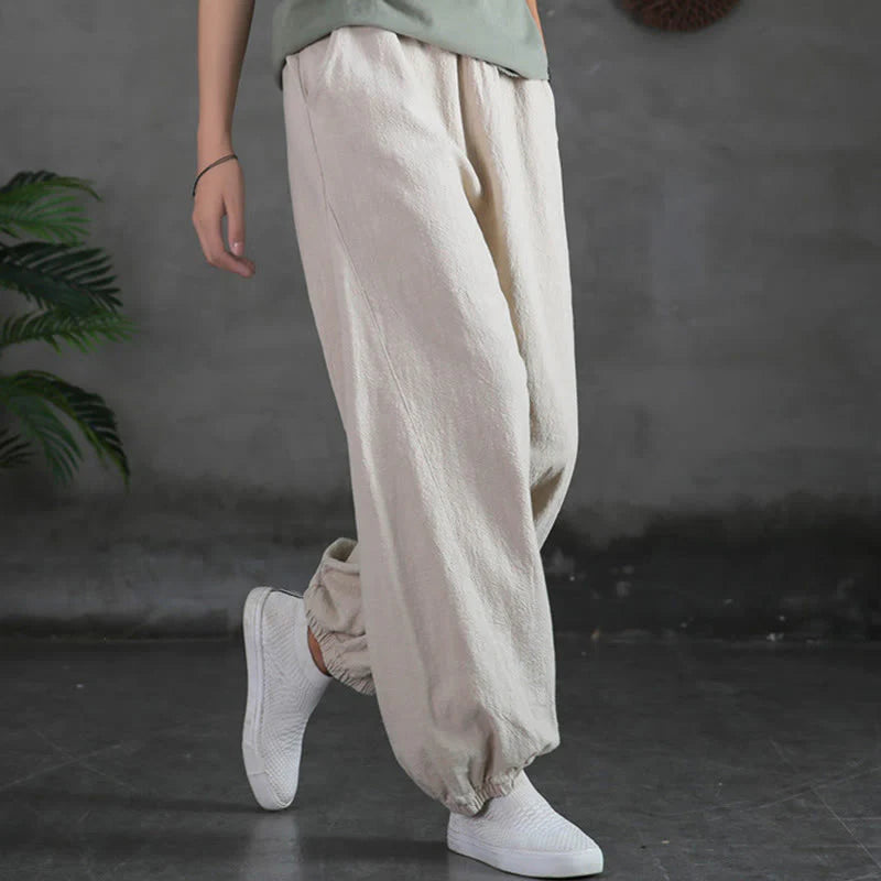 Casual Elastic Waist Cotton-Linen Pants with Pockets
