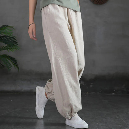 Casual Elastic Waist Cotton-Linen Pants with Pockets