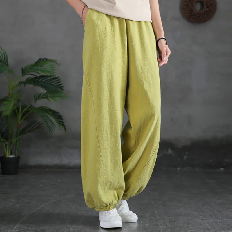 Casual Elastic Waist Cotton-Linen Pants with Pockets