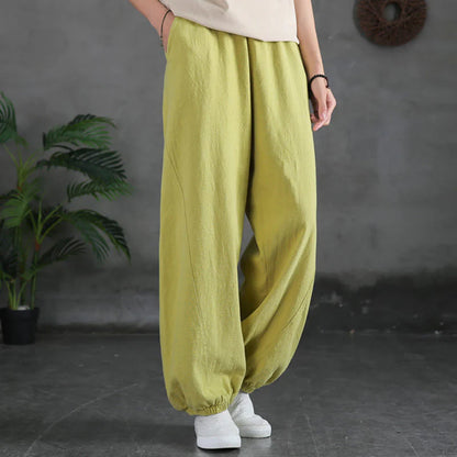 Casual Elastic Waist Cotton-Linen Pants with Pockets