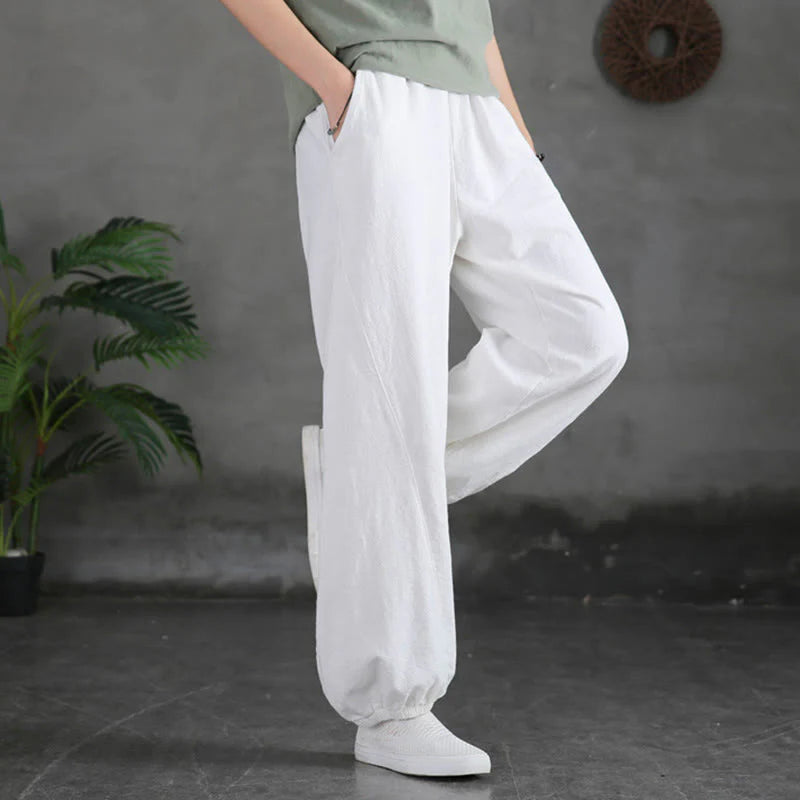 Casual Elastic Waist Cotton-Linen Pants with Pockets