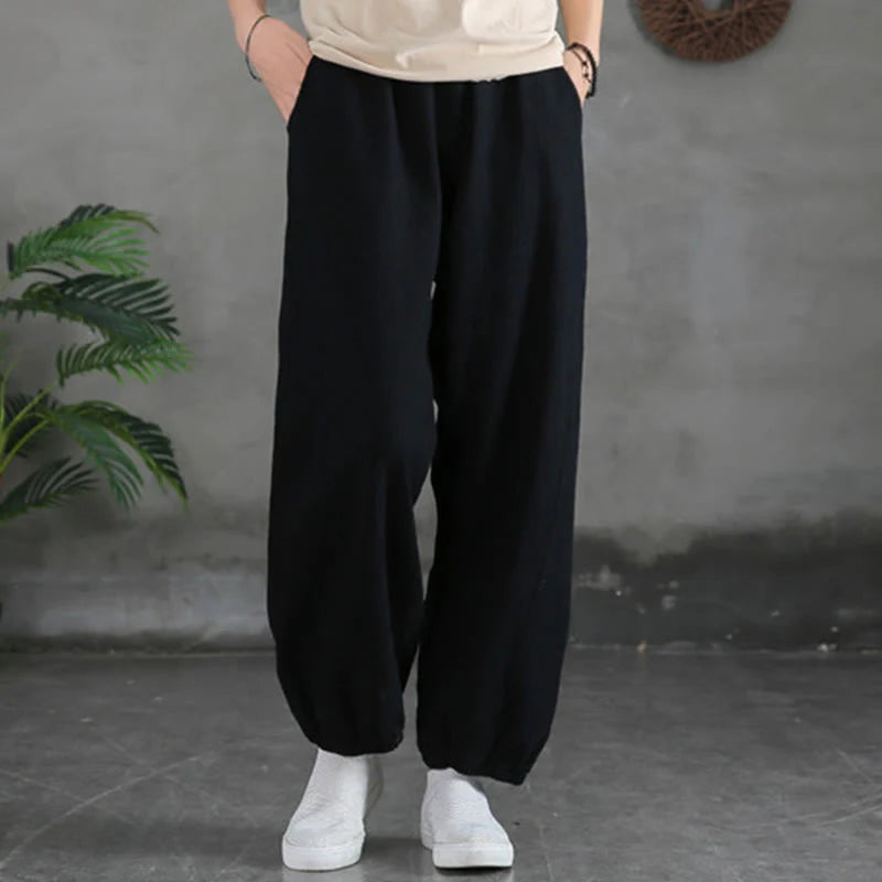 Casual Elastic Waist Cotton-Linen Pants with Pockets