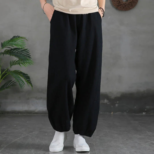 Casual Elastic Waist Cotton-Linen Pants with Pockets