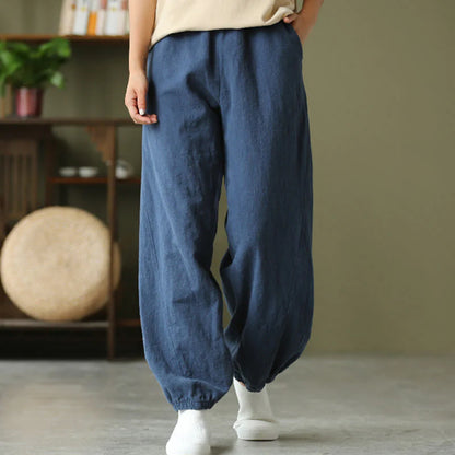 Casual Elastic Waist Cotton-Linen Pants with Pockets