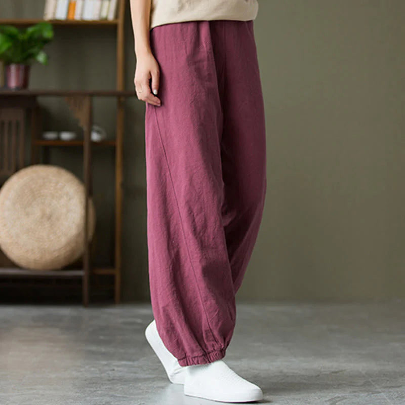 Casual Elastic Waist Cotton-Linen Pants with Pockets