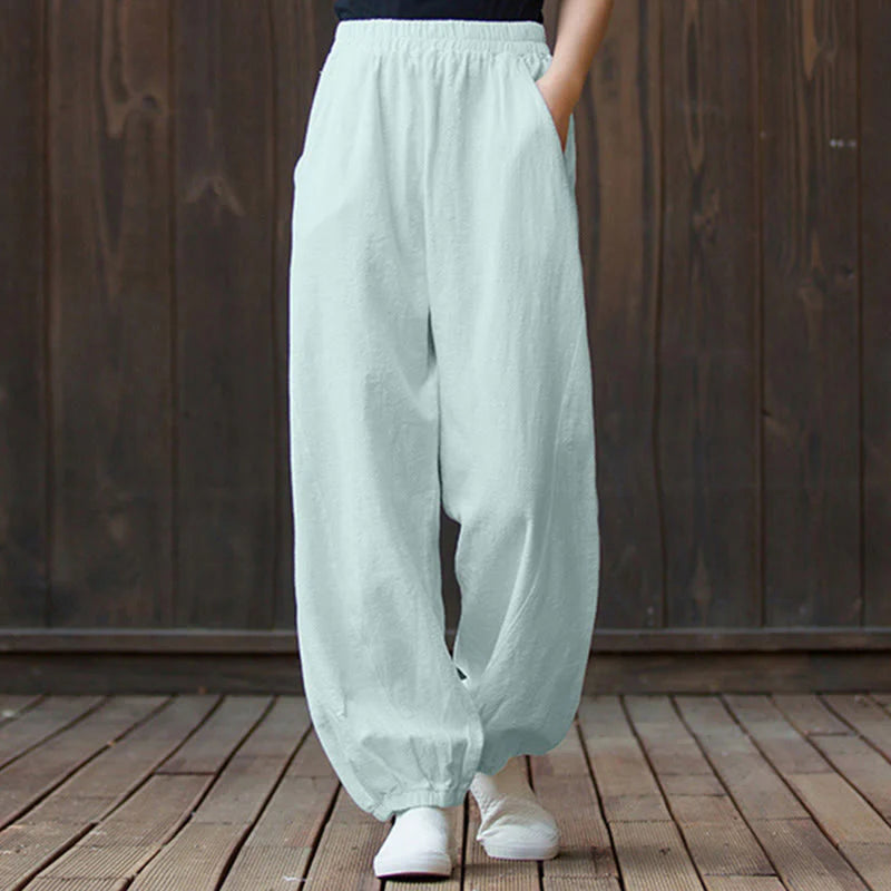 Casual Elastic Waist Cotton-Linen Pants with Pockets