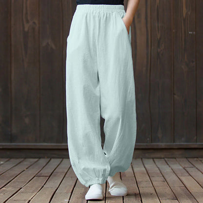 Casual Elastic Waist Cotton-Linen Pants with Pockets