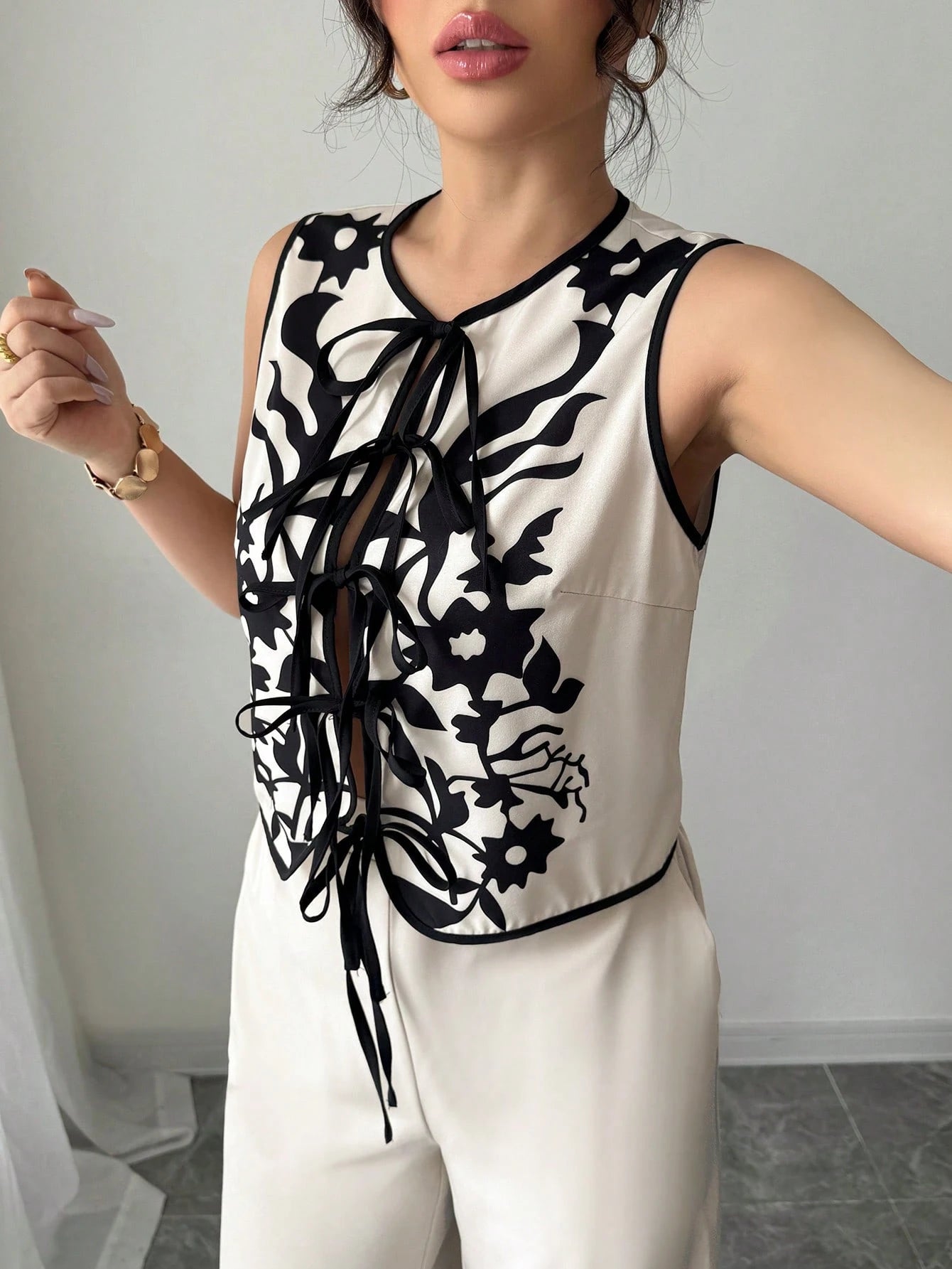 Tie-Front Printed Blouse & Pants Set