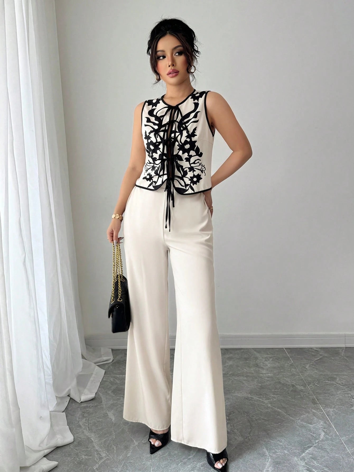 Tie-Front Printed Blouse & Pants Set