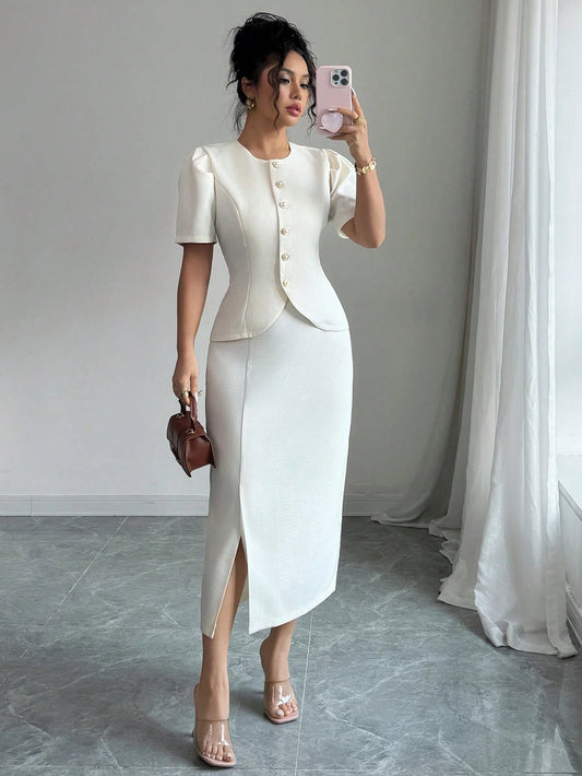Elegant Apricot Wool Blazer & Skirt Set