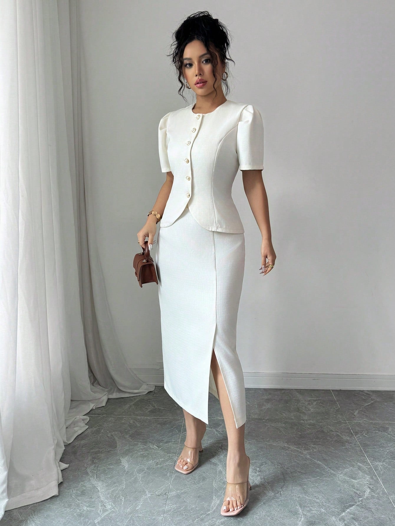 Elegant Apricot Wool Blazer & Skirt Set