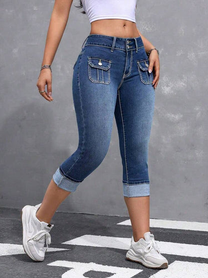 Slim Fit Stretch Denim Capri Pants with Cargo Pockets