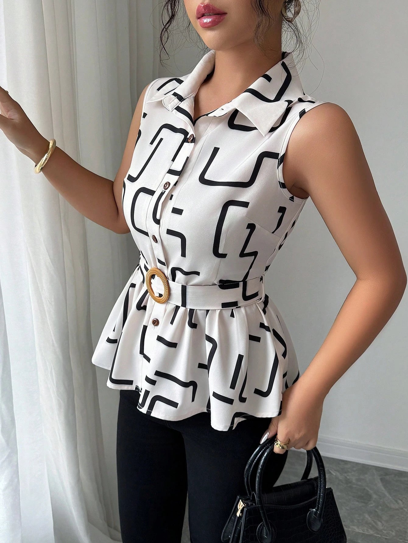 Geometric Ruffle Hem Blouse