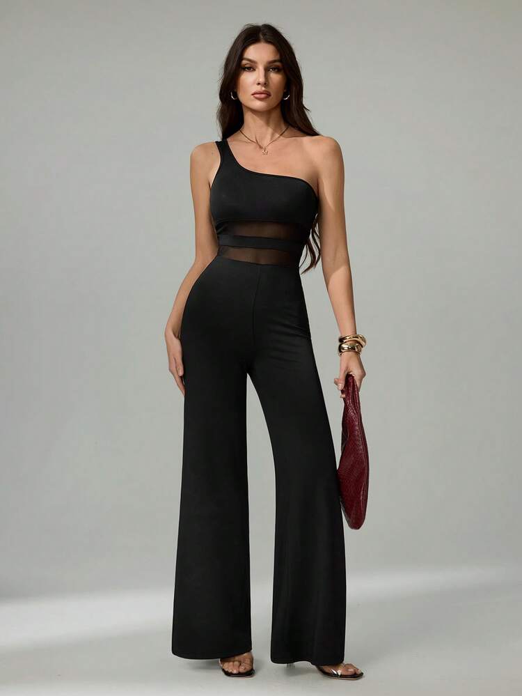Women's One-Shoulder Mesh Panel Jumpsuit