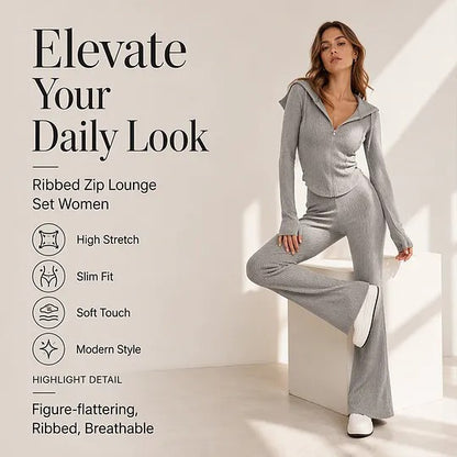 Women's Hooded Zip-Up Top and Flared Pants Set