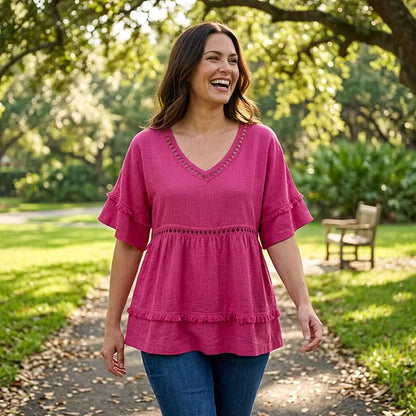 Women's V-Neck Ruffle Sleeve Tunic Blouse