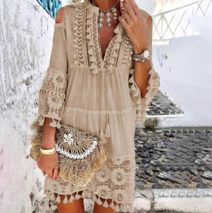 Women's Boho Embroidered Cold-Shoulder Tassel Dress