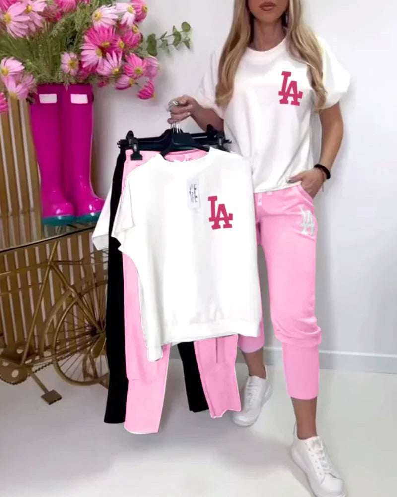 Women's Letter Print T-Shirt and Pants Set
