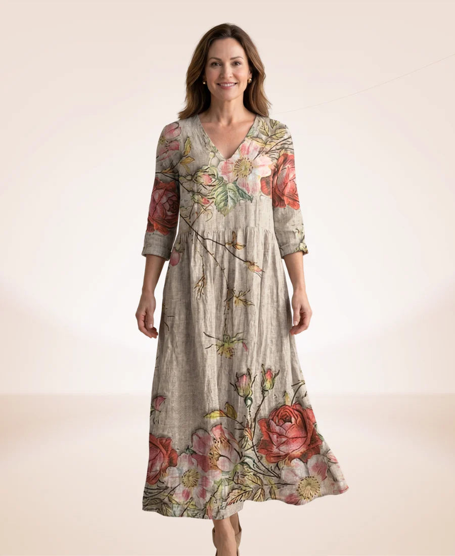 Women’s Floral V-Neck Cotton-Blend Maxi Dress