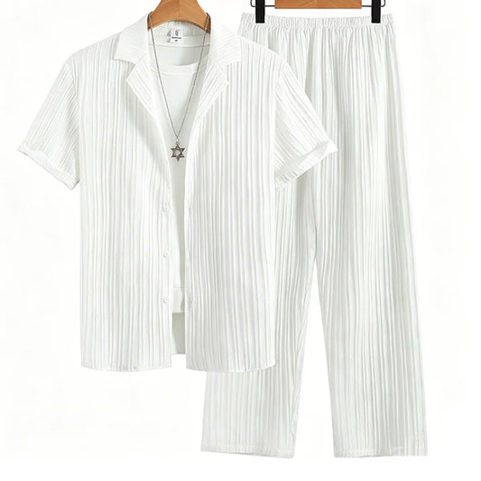 Men's Pleated Textured Short-Sleeve Shirt & Pants Set