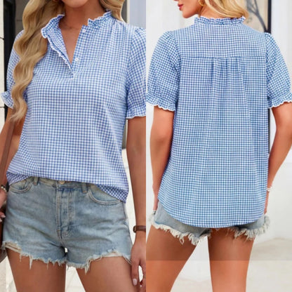 Women's Ruffle Collar Gingham Blouse