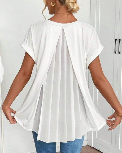 Women’s V-Neck Pleated Back Short-Sleeve Top