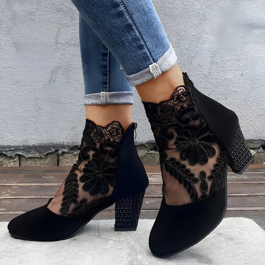 Women's Floral Mesh Block Heel Ankle Boots
