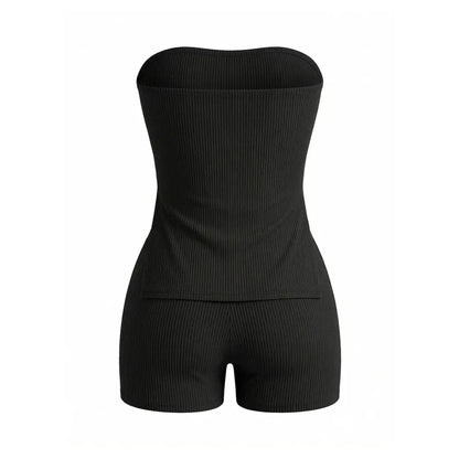 Women's Ribbed Strapless Top and Shorts Two-Piece Set