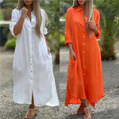 Women's Button-Front Long Sleeve Shirt Dress