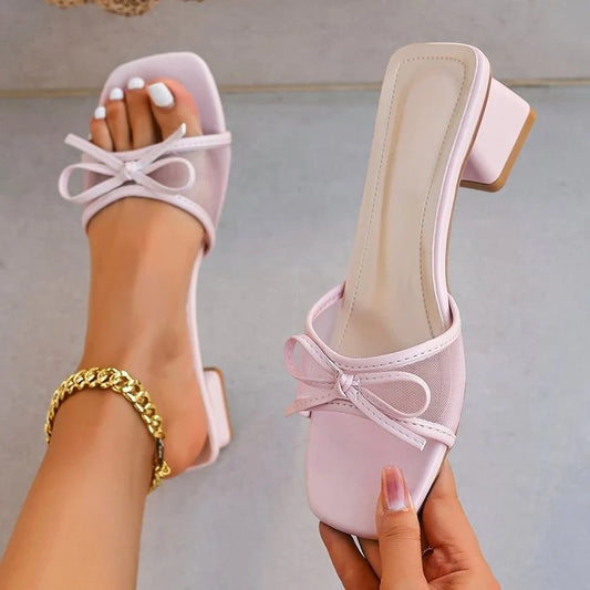 Women's Mesh Bow Block Heel Slide Sandals