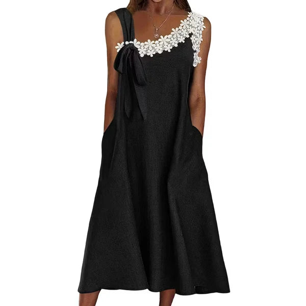 Women’s Floral Lace Trim Bow-Shoulder Dress
