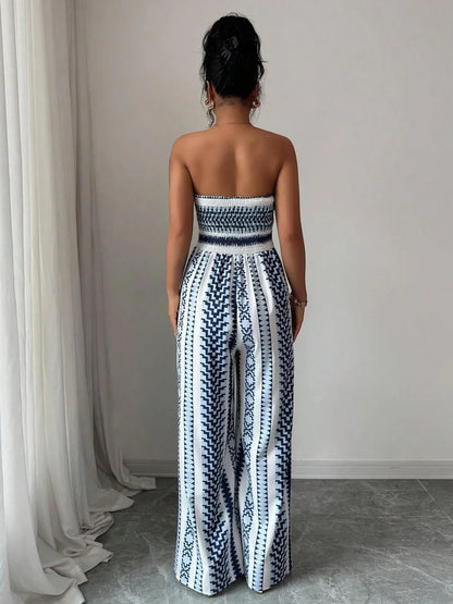 Women's Strapless Geometric Wide-Leg Jumpsuit