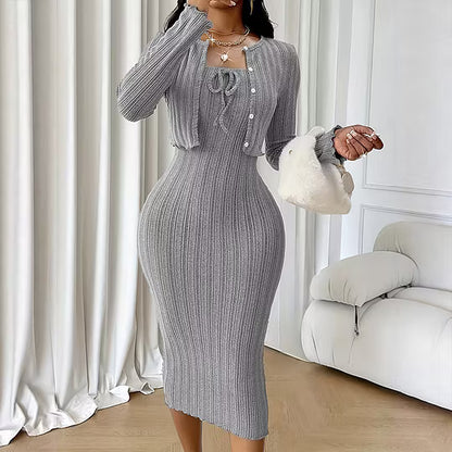 Women's Ribbed Knit Dress with Button-Front Cardigan